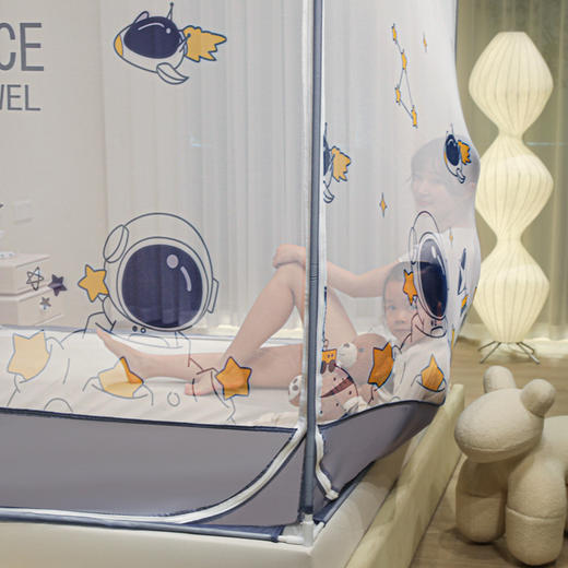 自然醒婴幼儿A类防尘方顶坐床蚊帐防摔儿童加固加厚宝宝防止掉床卡通印花床笠款折叠支架8861HH 商品图2