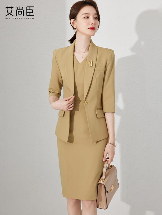 艾尚臣春装气质女神范套装设计感黄色经理职业装套裙正装连衣裙女 商品图0