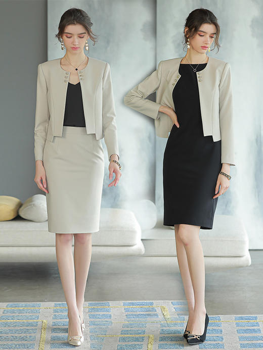 AD法式轻熟风两件套女米色短款圆领西装外套御姐范职业正装套装裙 商品图4