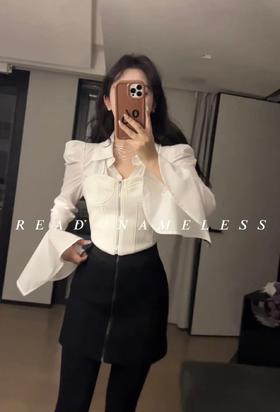 Read Nameless /假两件白色拉链衬衫+高腰长皮裙伞裙