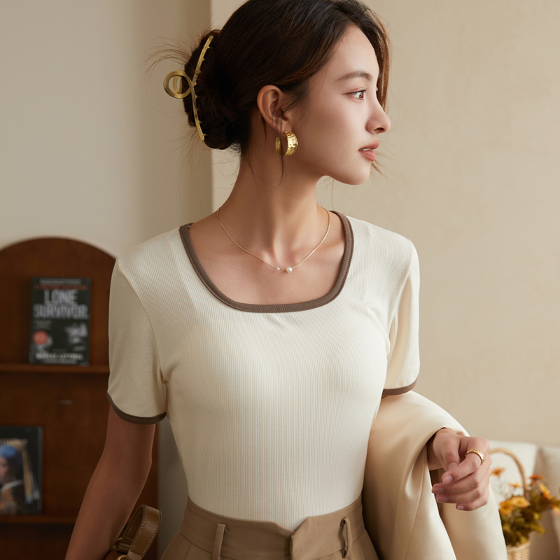 【Cottonmoon棉月】2023春夏新款复古方领法式针织罗纹短袖衫三色可选百搭