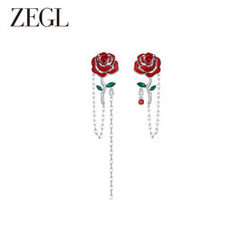 ZEGL设计师红玫瑰系列红色花朵耳环女小众设计感耳钉不对称耳饰品