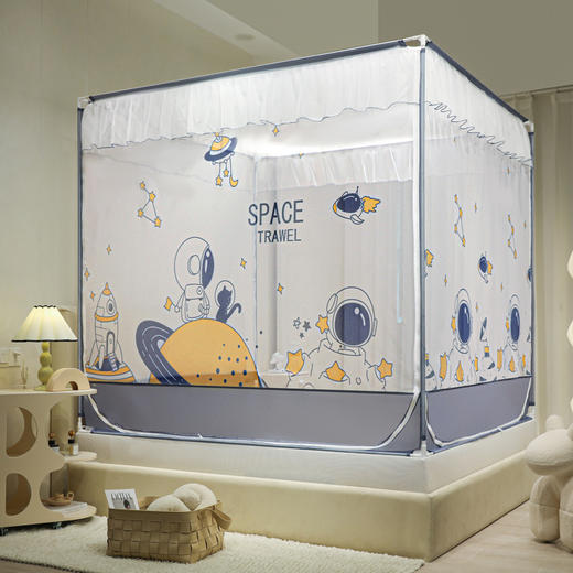 自然醒婴幼儿A类防尘方顶坐床蚊帐防摔儿童加固加厚宝宝防止掉床卡通印花床笠款折叠支架8861HH 商品图0