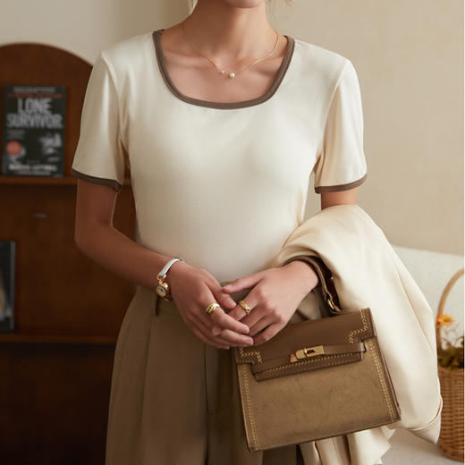 【Cottonmoon棉月】2023春夏新款复古方领法式针织罗纹短袖衫三色可选百搭 商品图4