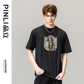 PINLI品立春季新款纯棉印花T恤男士圆领短袖体恤BG231111040
