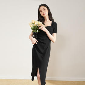 法式连衣裙女春显瘦打褶桃心领针织连衣裙小黑裙子V0050564