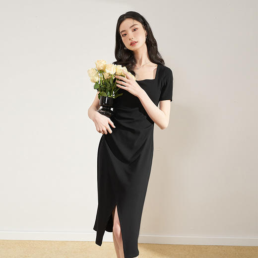 法式连衣裙女春显瘦打褶桃心领针织连衣裙小黑裙子V0050564 商品图0