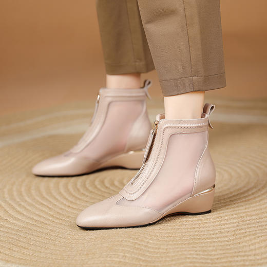 春夏新款，前拉链真皮网纱拼接坡跟网靴XYM-k742 商品图7