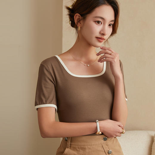 【Cottonmoon棉月】2023春夏新款复古方领法式针织罗纹短袖衫三色可选百搭 商品图6