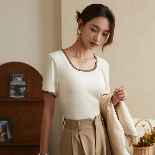 【Cottonmoon棉月】2023春夏新款复古方领法式针织罗纹短袖衫三色可选百搭 商品图1