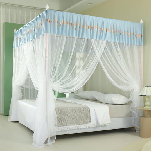 自然醒蚊帐三开门印花落地宫廷加高加粗铝合金支架加密蚊帐1.5m防尘顶2306HH 商品图1