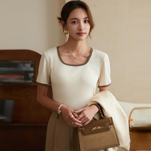 【Cottonmoon棉月】2023春夏新款复古方领法式针织罗纹短袖衫三色可选百搭 商品图7