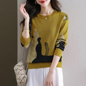 薄款春季冰丝针织衫，女圆领长袖韩版宽松小香风撞色打底衫CC-QQH-892