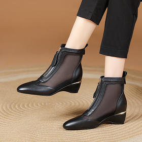 春夏新款，前拉链真皮网纱拼接坡跟网靴XYM-k742