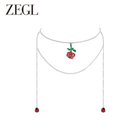 ZEGL设计师红玫瑰系列红色双层叠戴项链女生轻奢小众高级感锁骨链