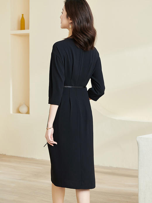 剩S 【现货】米思阳2024秋季新款知*方纯色中长裙压褶收腰七分袖连衣裙0190 商品图3