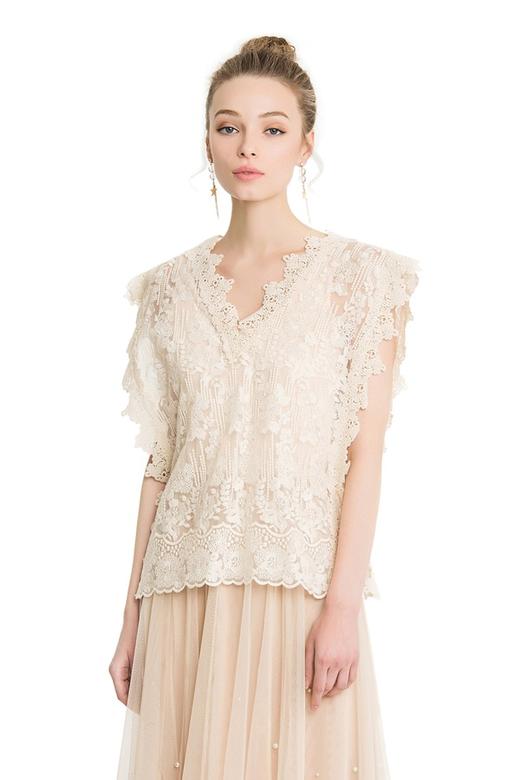 SUMMER & SAGE 沙色V领蕾丝透视背心 1407 商品图0