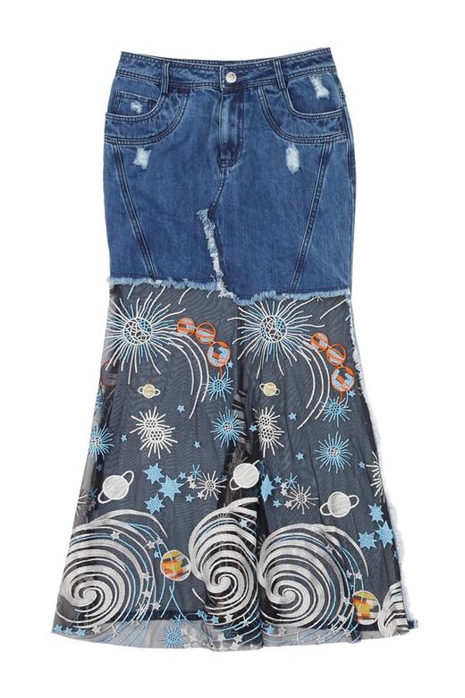 EVA OUXIU伊华欧秀 手工刺绣拼接牛仔半裙 6104 商品图5