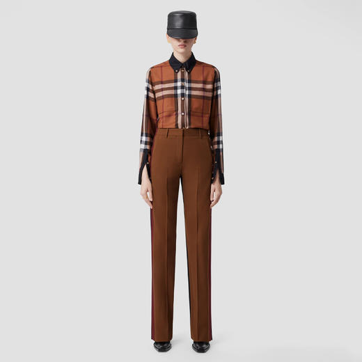 BURBERRY 巴宝莉 女士对比感饰边大号格纹羊毛长袖衬衫 格子 8062996 A9011 商品图3