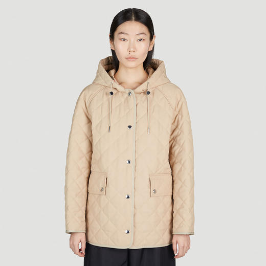 BURBERRY 巴宝莉 女士徽标装饰菱形绗缝连帽外套棉服 卡其色 8064778 A7405 商品图1