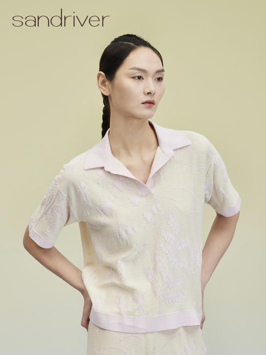 芝麻点提花POLO领提花短袖女上衣 SJS95W050K 商品图1