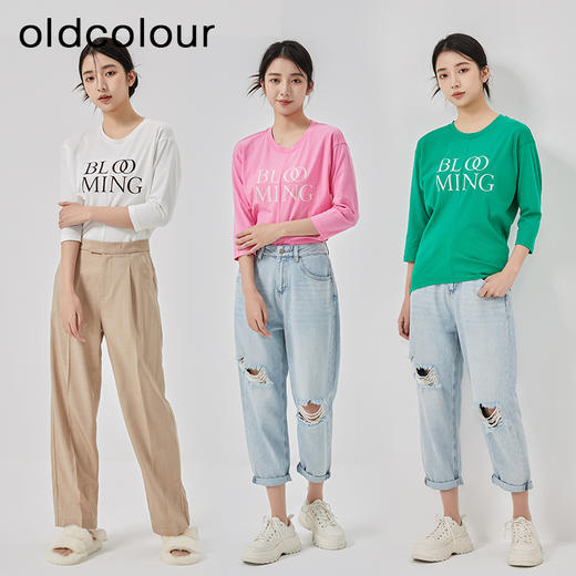 oldcolour2023春季新款气质百搭圆领基础款五分袖T恤女O12022433 商品图1
