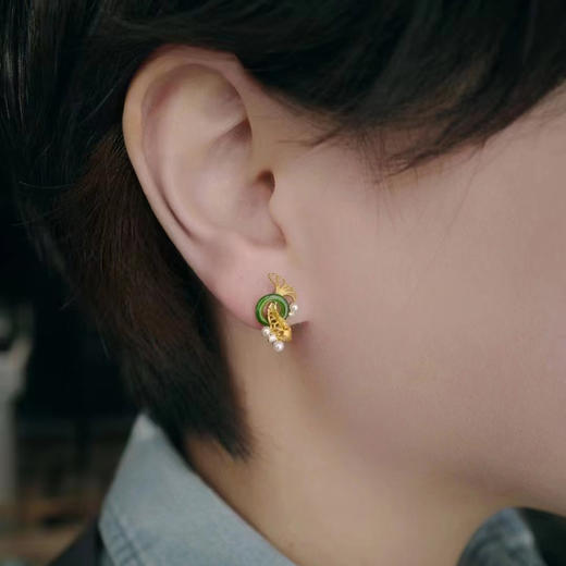 龢盒原创 18k金玉满堂翠翡锦鲤耳线/耳钉 耳环 商品图6