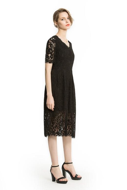 OCTAVIA 黑色V领蕾丝中长连衣裙 1816 商品图1