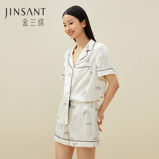 金三塔真丝睡衣衣裤套100%桑蚕丝印花趣味猫咪可外穿家居服套装   YSFAA406 商品图0