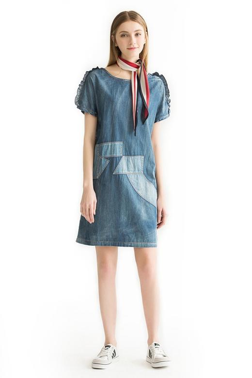 AVA 复古拼布木耳边饰牛仔连衣裙 1814 商品图4
