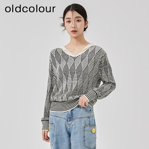 oldcolour2023春季新款时尚气质菱格修身百搭套头针织衫O11052118 商品图0
