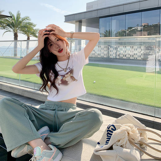 正肩短袖t恤女夏季新款粉色别致小个子短款高级感韩系上衣 商品图1