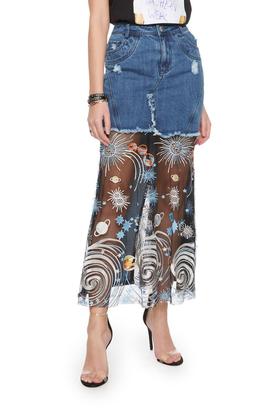 EVA OUXIU伊华欧秀 手工刺绣拼接牛仔半裙 6104