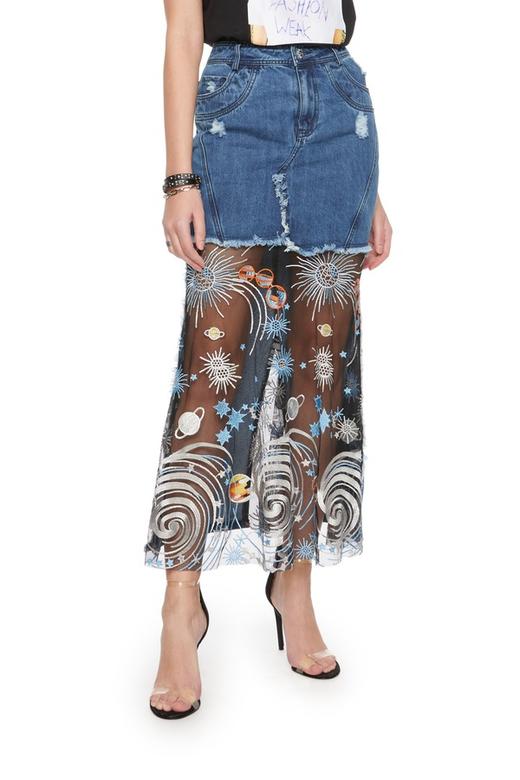 EVA OUXIU伊华欧秀 手工刺绣拼接牛仔半裙 6104 商品图0