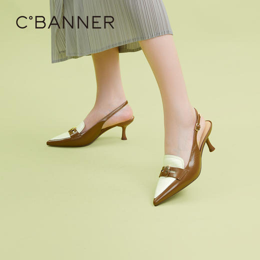 【高叶同款】千百度女鞋夏季半凉真皮凉鞋细跟高跟鞋单鞋 A23205335 商品图3