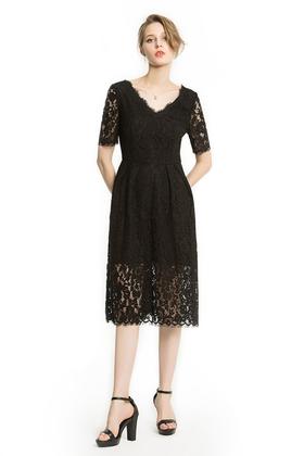 OCTAVIA 黑色V领蕾丝中长连衣裙 1816