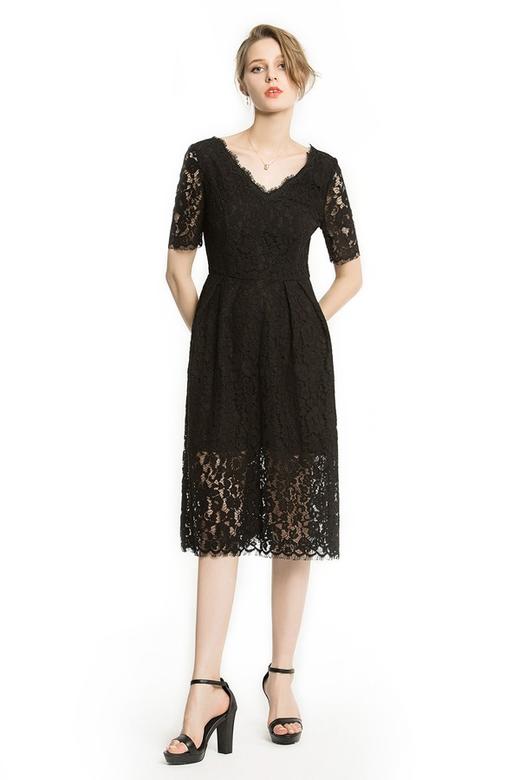 OCTAVIA 黑色V领蕾丝中长连衣裙 1816 商品图0
