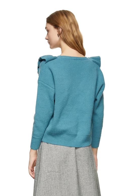 AVA 孔雀蓝木耳边V领毛衫 8470 商品图2