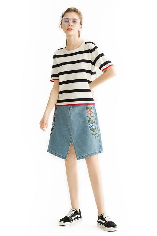 OCHIRLY欧时力 刺绣花卉开衩牛仔半裙 1441 商品图1