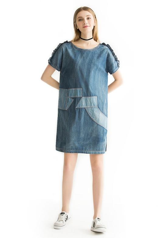 AVA 复古拼布木耳边饰牛仔连衣裙 1814 商品图0