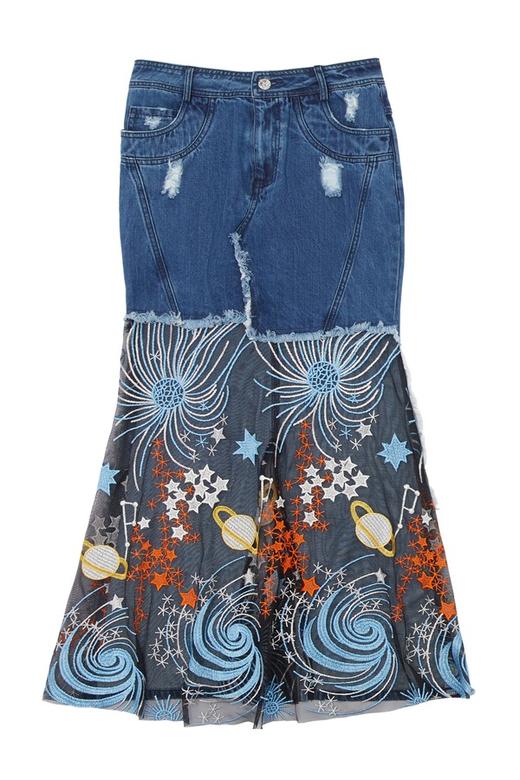 EVA OUXIU伊华欧秀 手工刺绣拼接牛仔半裙 6104 商品图4