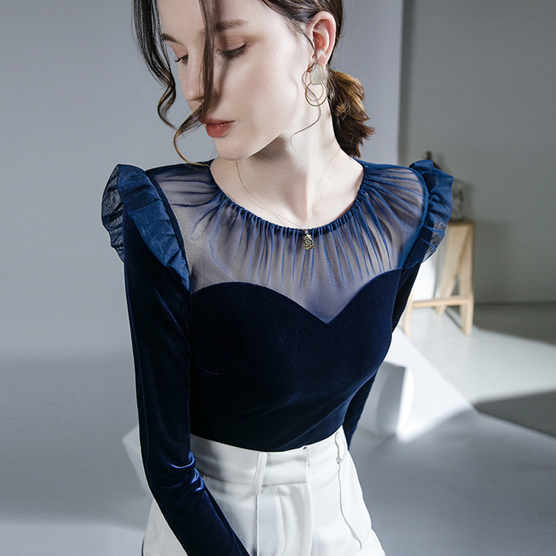 丝绒网纱拼接打底衫洋气小衫