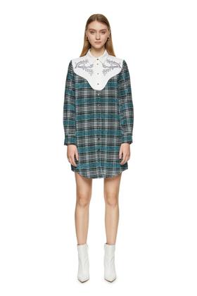 SUMMER & SAGE 格纹拼接刺绣衬衫裙 8597