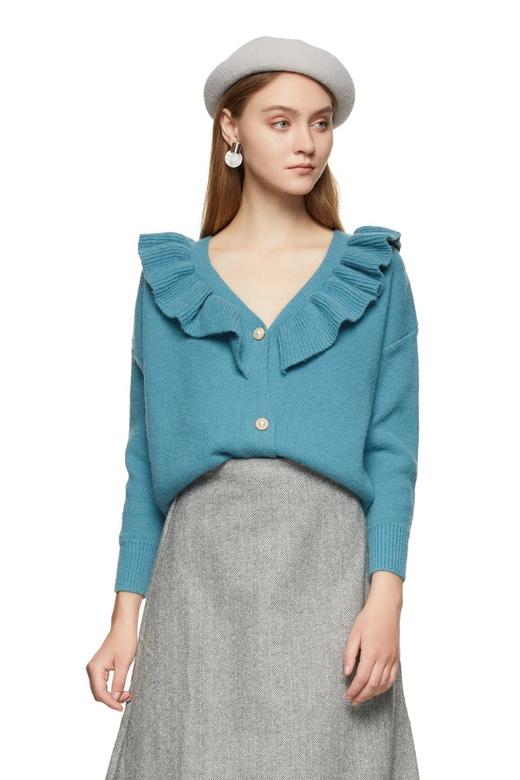 AVA 孔雀蓝木耳边V领毛衫 8470 商品图0