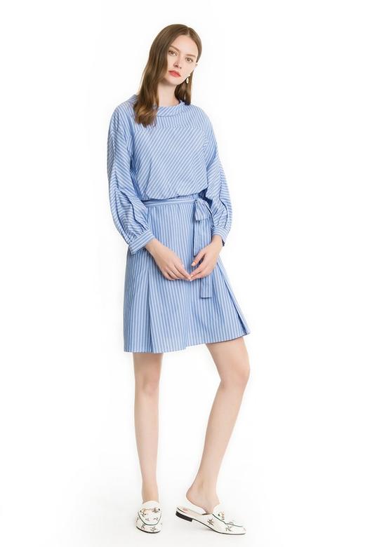 Eifini伊芙丽 蓝白条纹灯笼袖衬衫裙 1440 商品图0