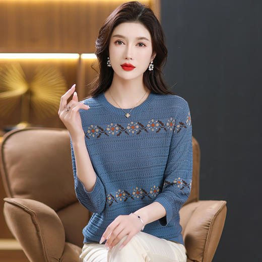 七分袖针织衫，女薄款大码上衣妈妈春装镂空时尚洋气小衫春秋打底衫CC-13-3028 商品图0