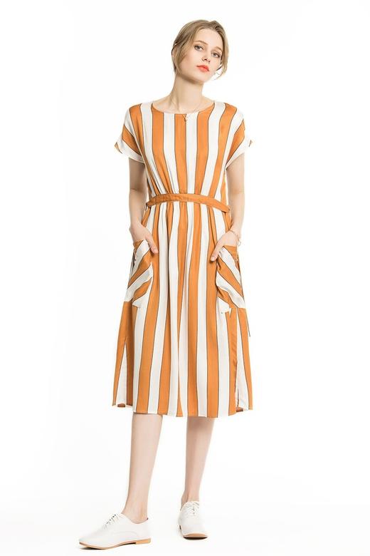 OCTAVIA 橙白条纹丝麻连衣裙 1757 商品图0