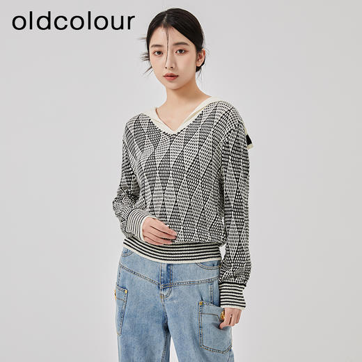 oldcolour2023春季新款时尚气质菱格修身百搭套头针织衫O11052118 商品图2