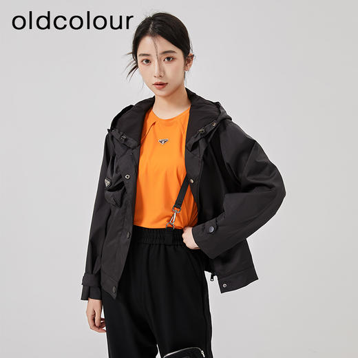 oldcolour2023春季新款黑色简约连帽抽绳宽松显瘦外套女O11041160 商品图0