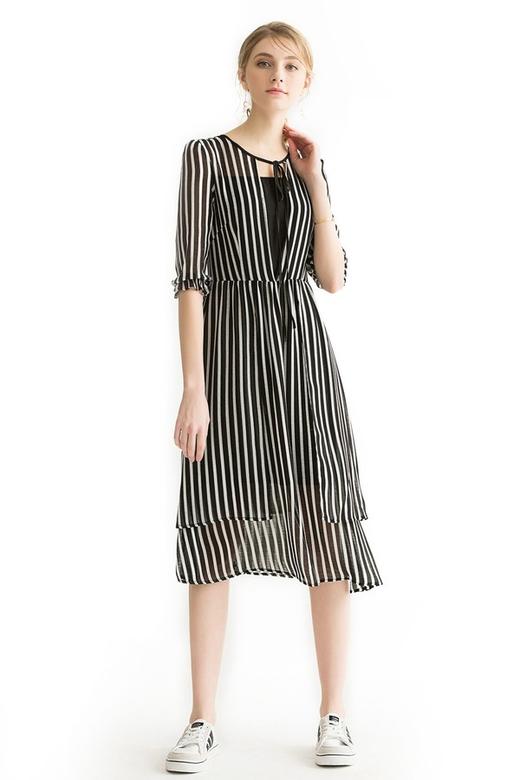 AVA 黑白竖条纹镂空连衣裙 1756 商品图4